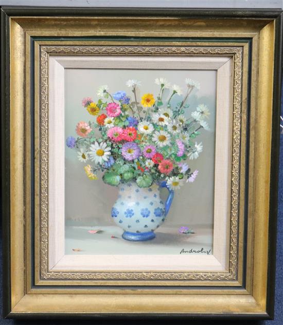 André Robert, oil, Flowers for a blue and white vase(-)